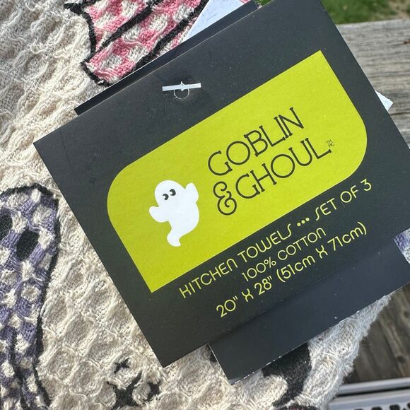 NEW SET OF 3 Goblin & Ghoul Halloween Hand Towels Pastel Ghosts Bats Checkers - Picture 4 of 4